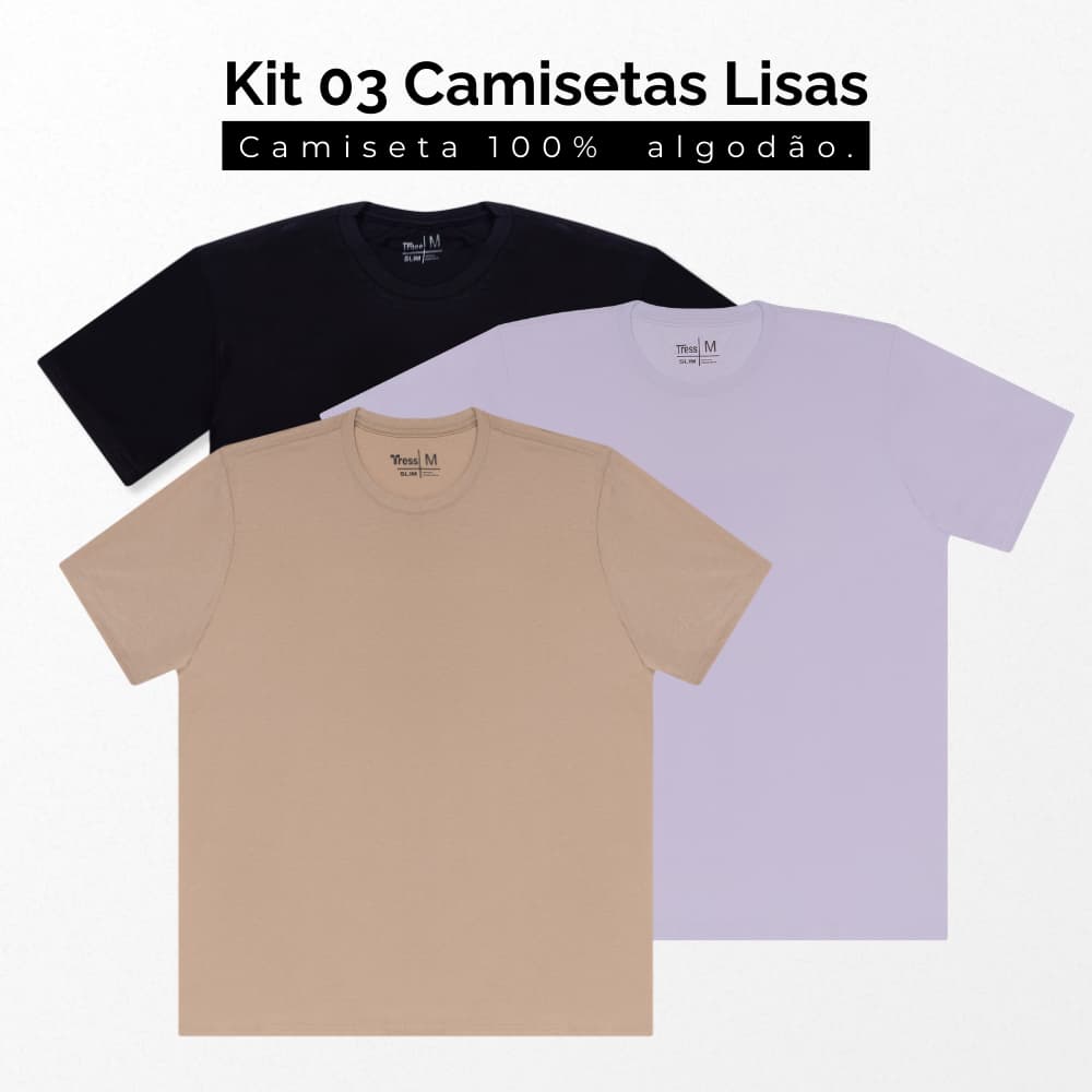 Kit 3 Camisetas Masculinas Básicas Algodão Manga Curta Gola Redonda Cores Neutras Premium