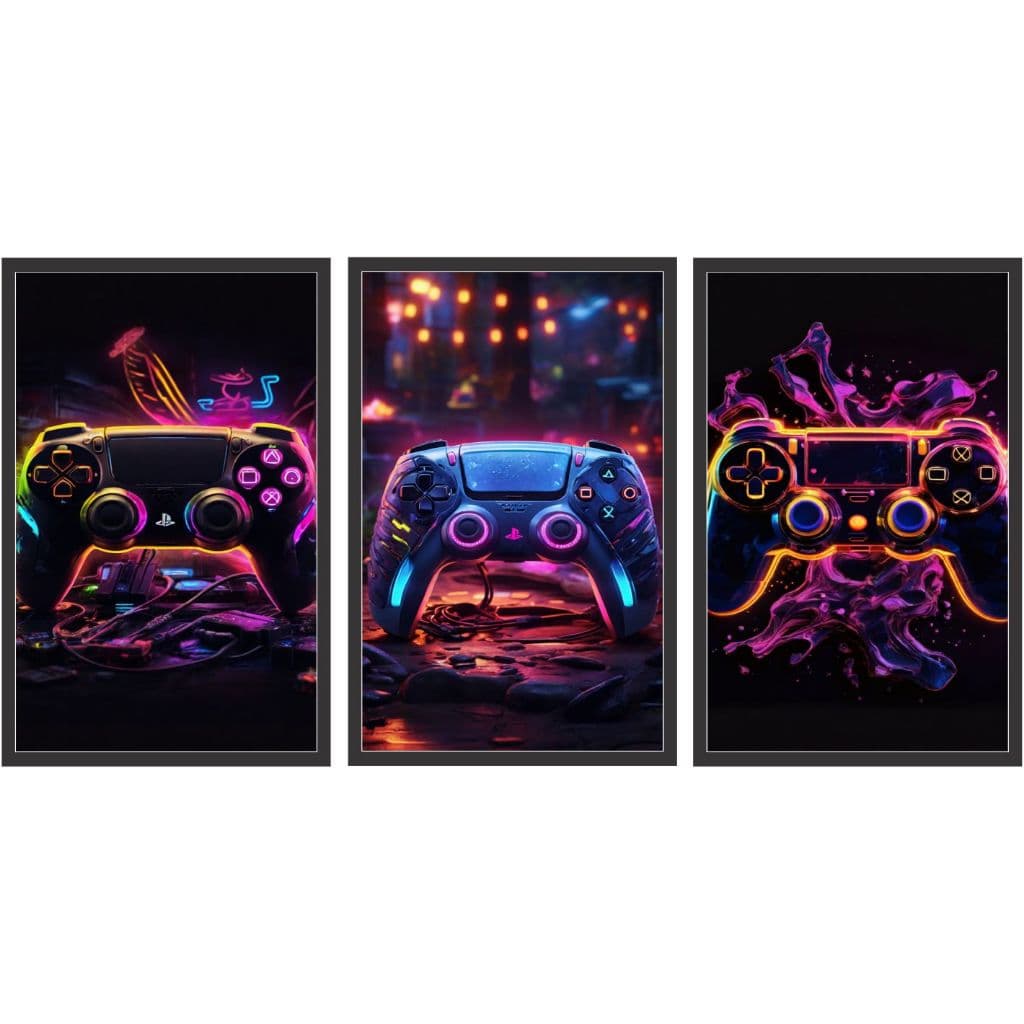 kit de quadros para quartos infantil 3 peças controles video game cores neons decoração