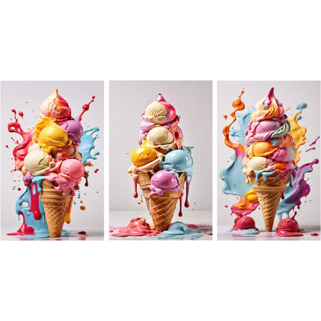 quadros decorativos para sorveteria padarias sorvetes coloridos doces 3 peças(SPREVETE CASQUINHA)
