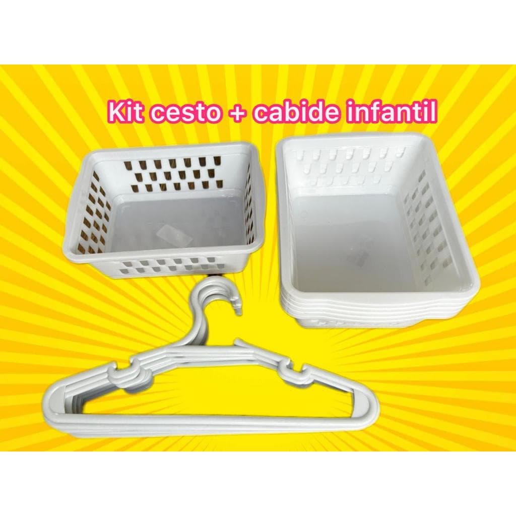 Kit 6 cestos organizadores e 10 cabides infantil na cor Branca!!!!