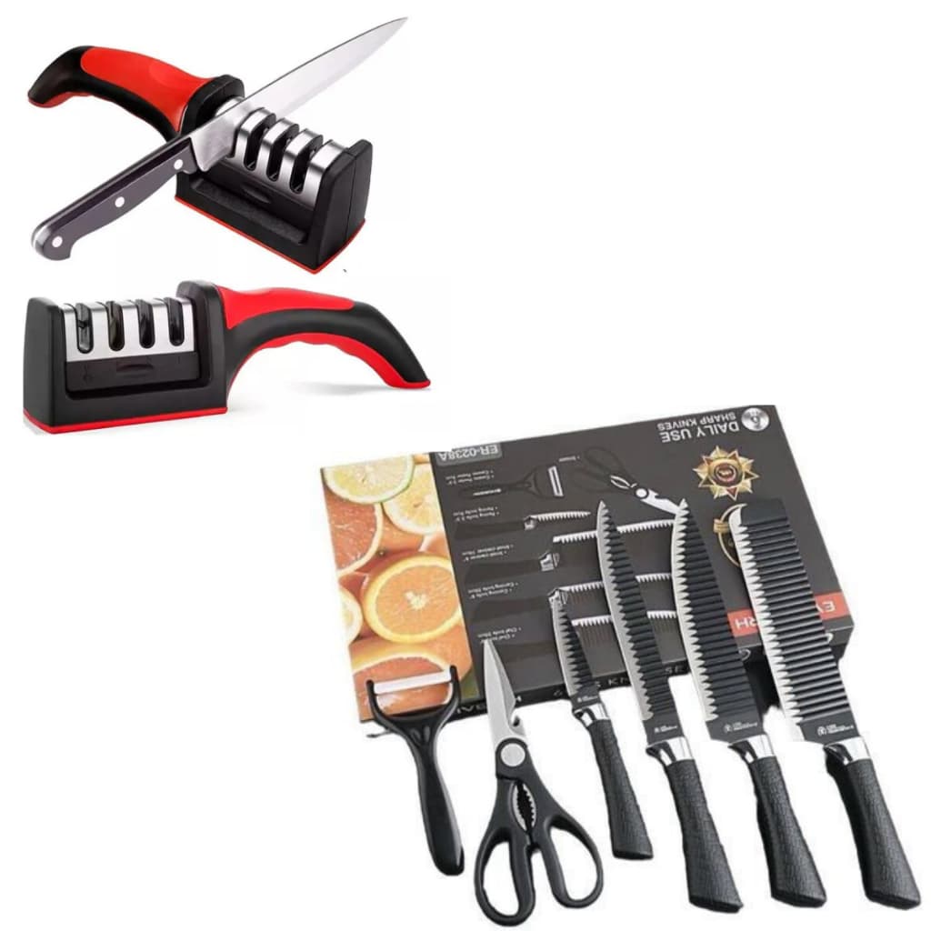 Jogo de Facas Churrasco Cozinha inox com Amolador De Facas E Tesoura Kit Faqueiro completo