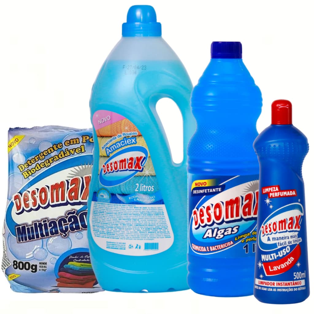 Kit Lava Roupas Pó Desomax Biodegradável +Amaciante 2L+Desinfetante Algas 1L+Multiuso Lavanda 500ml