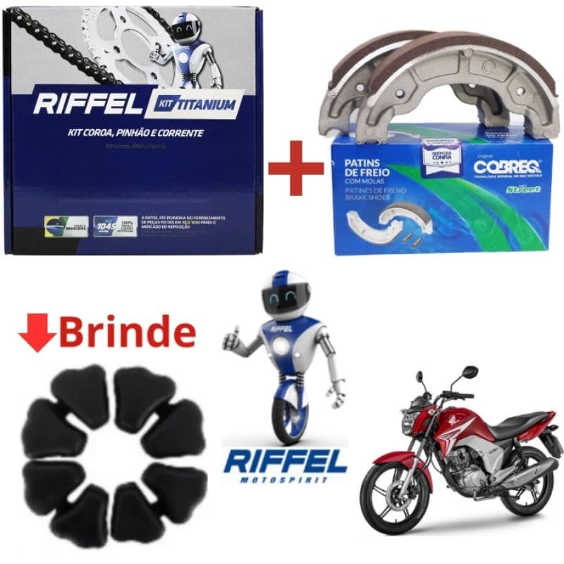 Kit Transmissão/Relação Original Riffel Titan 160/Fan 160/Start 160 + Coxim Da Coroa + Patins (Lona) De Freio COBREQ