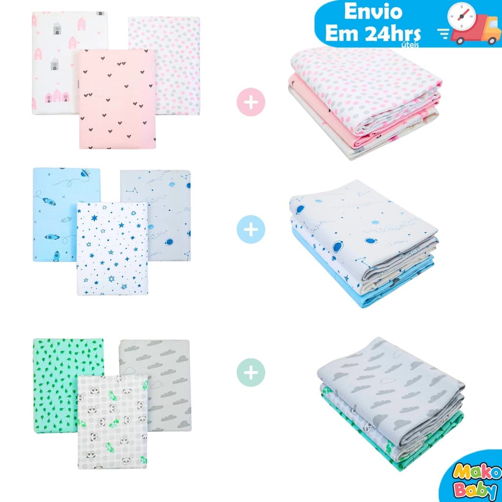 Kit 6 Cueiro Bebê Flanelado Estampado 50cm x 80cm