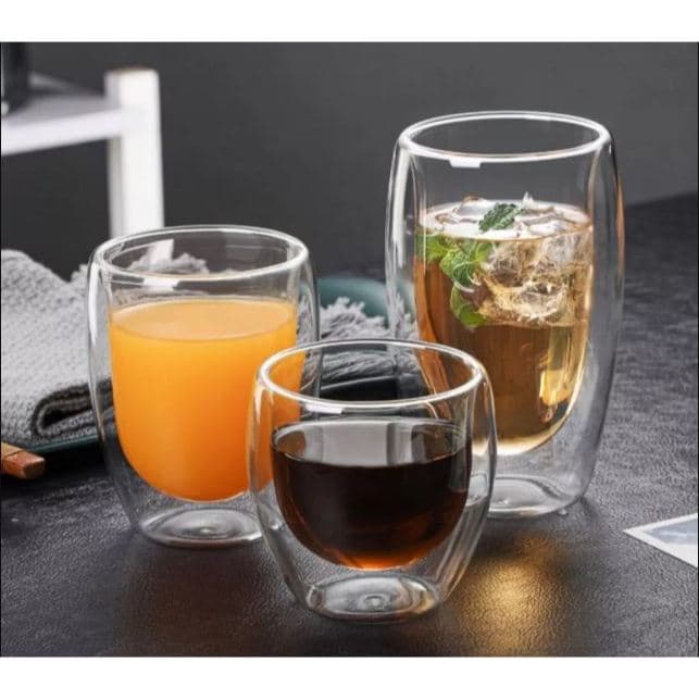 Kit 02 Copos de Vidro Parede Dupla 80ml / 250ml / 450ml