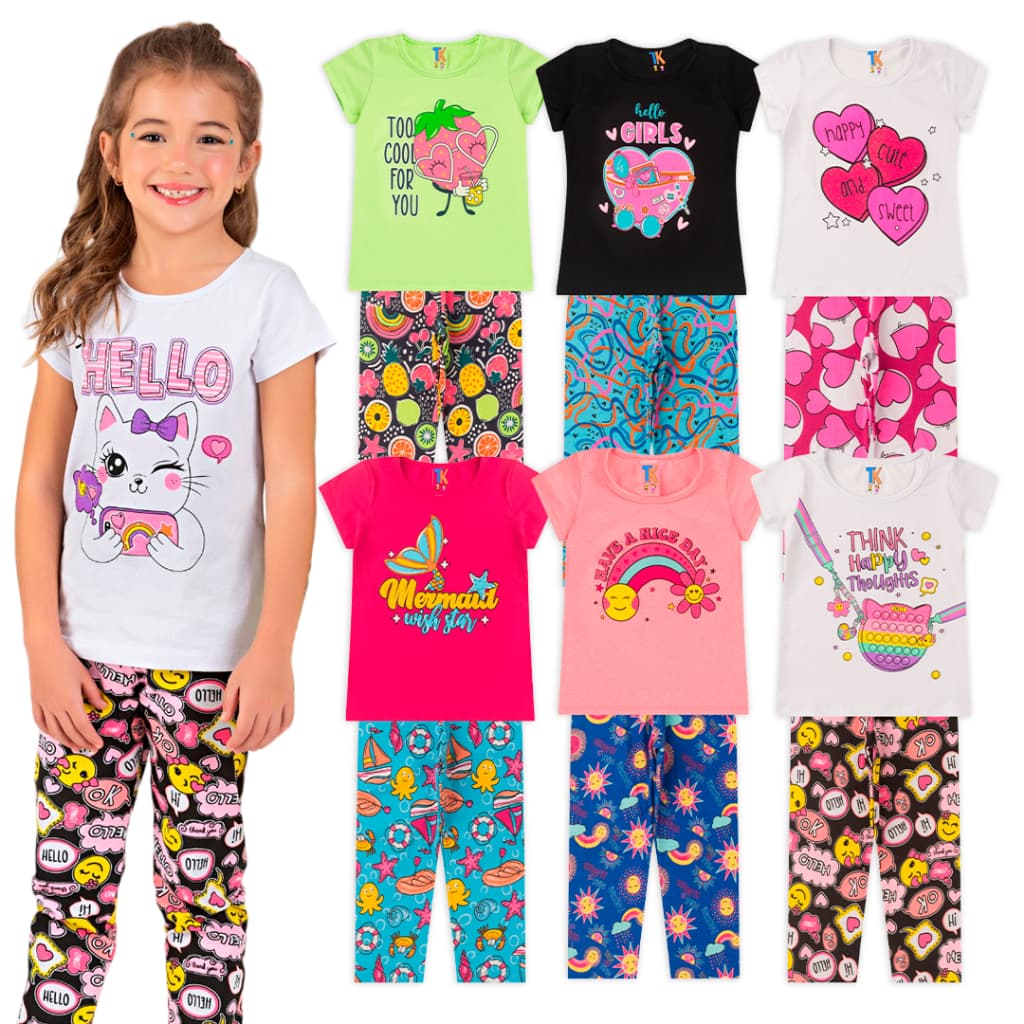Kit Conjunto Roupa Infantil Blusas + Calças Legging em Algodão Menina Juvenil Meia Estação