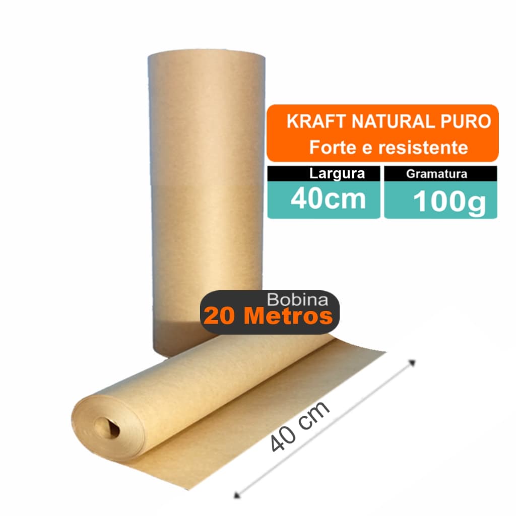 Papel Kraft Puro Natural Pardo Bobina 100g/m2 X 40cm X 20mts Embalagem Artesanato
