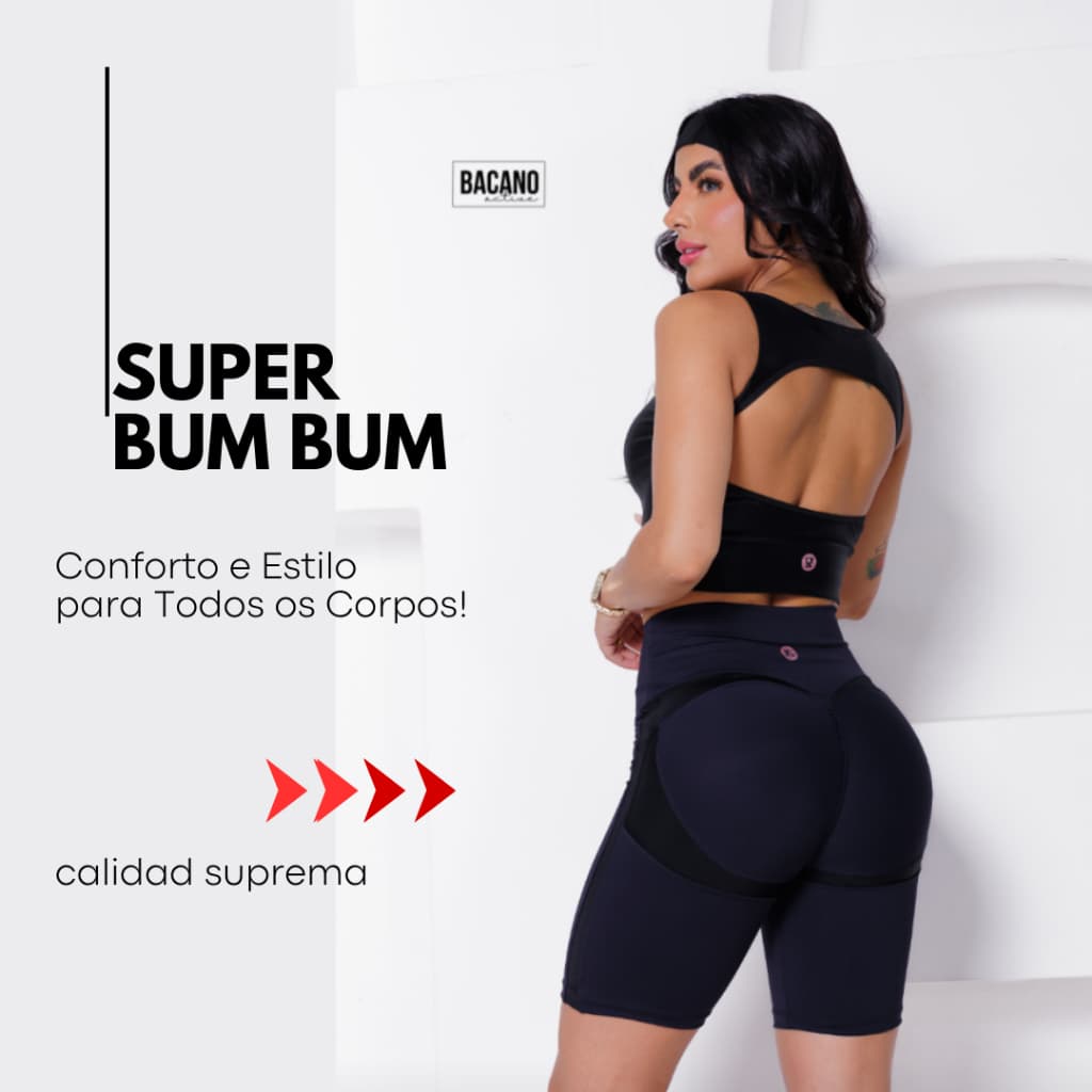 Short empina bum bum em Poliamida com Detalhes em Efeito Couro / CINTURA ALTA