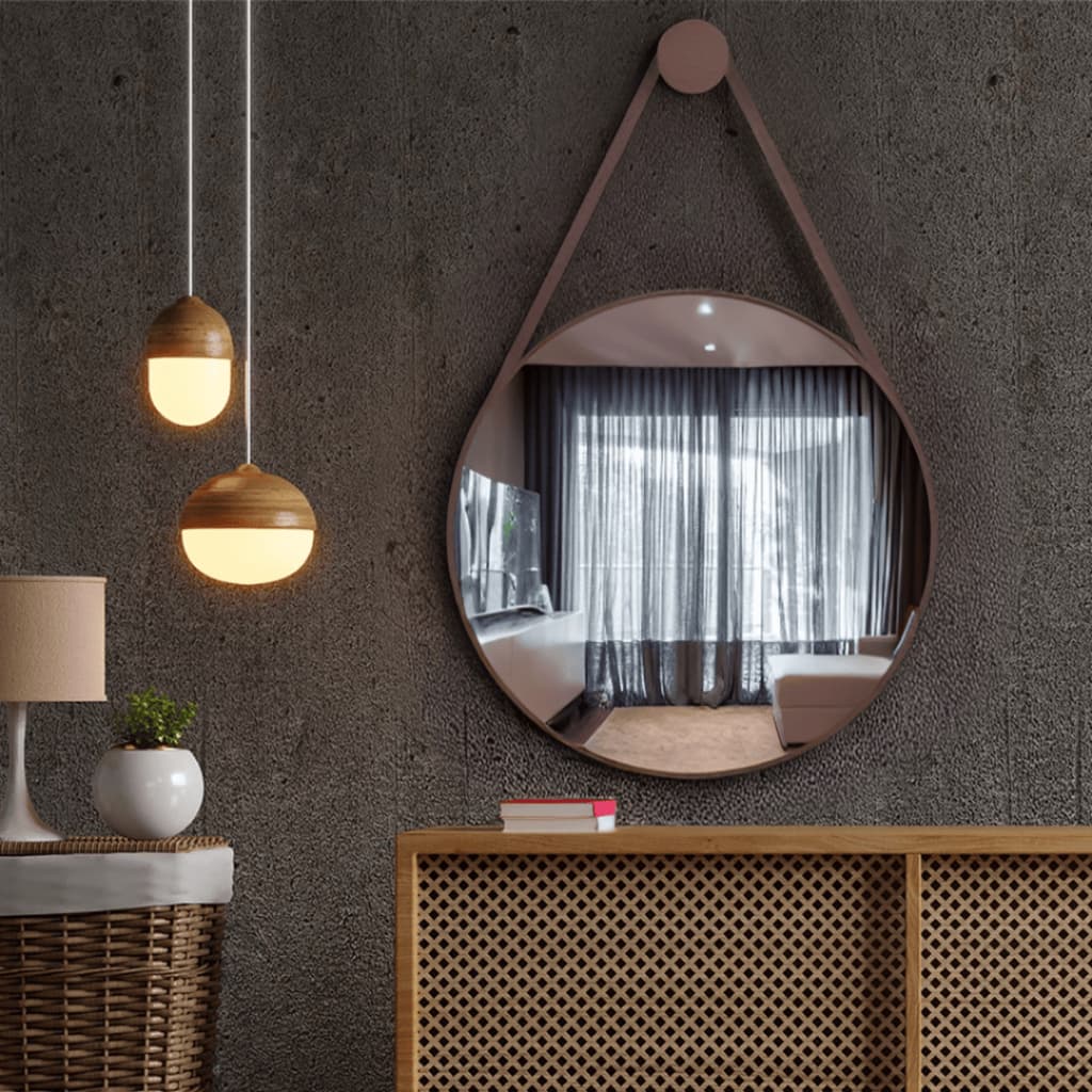 Espelho Redondo Decorativo Adnet Com Alça Em Couro  Sala Quarto Banheiro Com Suporte Para Parede