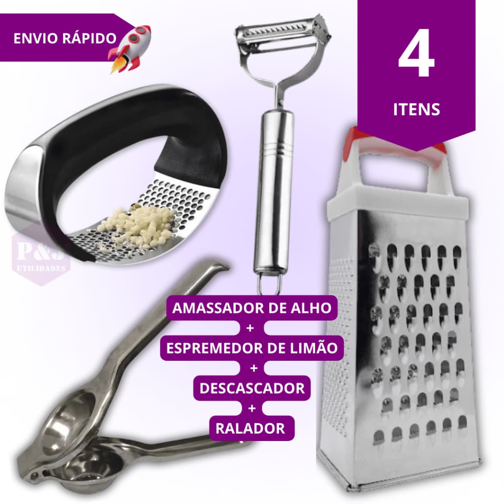 Kit Inox Amassador Espremedor de Alho + Espremedor de Limão + Descascador de Legumes Frutas Verduras + Ralador 4 Faces