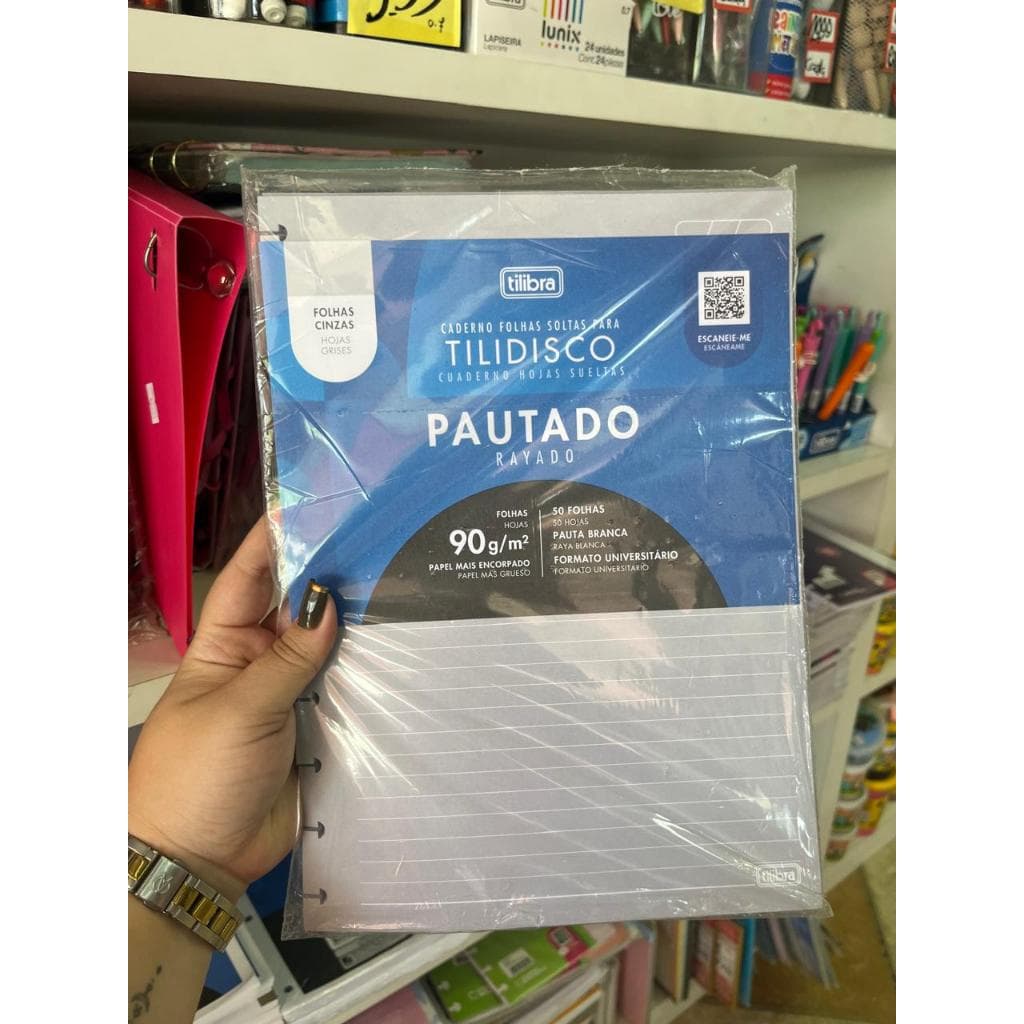 REFIL TILIDISCO PAUTADO CINZA COM LINHAS BRANCAS