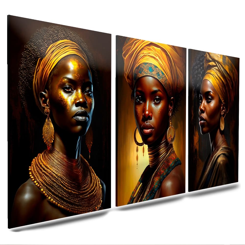 Quadros Decorativos Mulher Africana 3 Peças Mosaico Sala Quarto Escritório