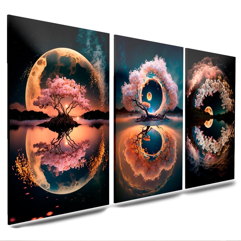 Quadros Decorativo Pintura da Fases da Lua 3 Peças Mosaico Sala Quarto Escritório