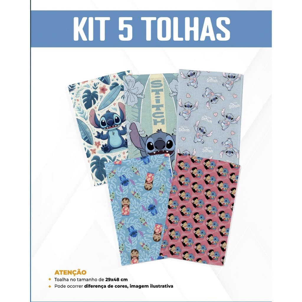 Kit 5 Toalhas de Mão/Boca Toalhinha Escolar Infantil - Lilo e Stitch