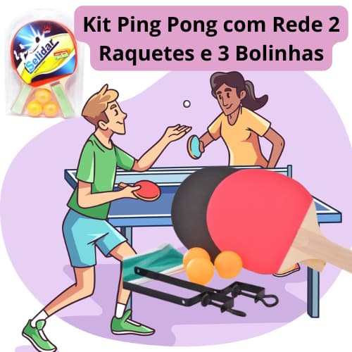 KIT PING PONG 2 RAQUETES, 3 BOLINHAS, REDE E SUPORTES