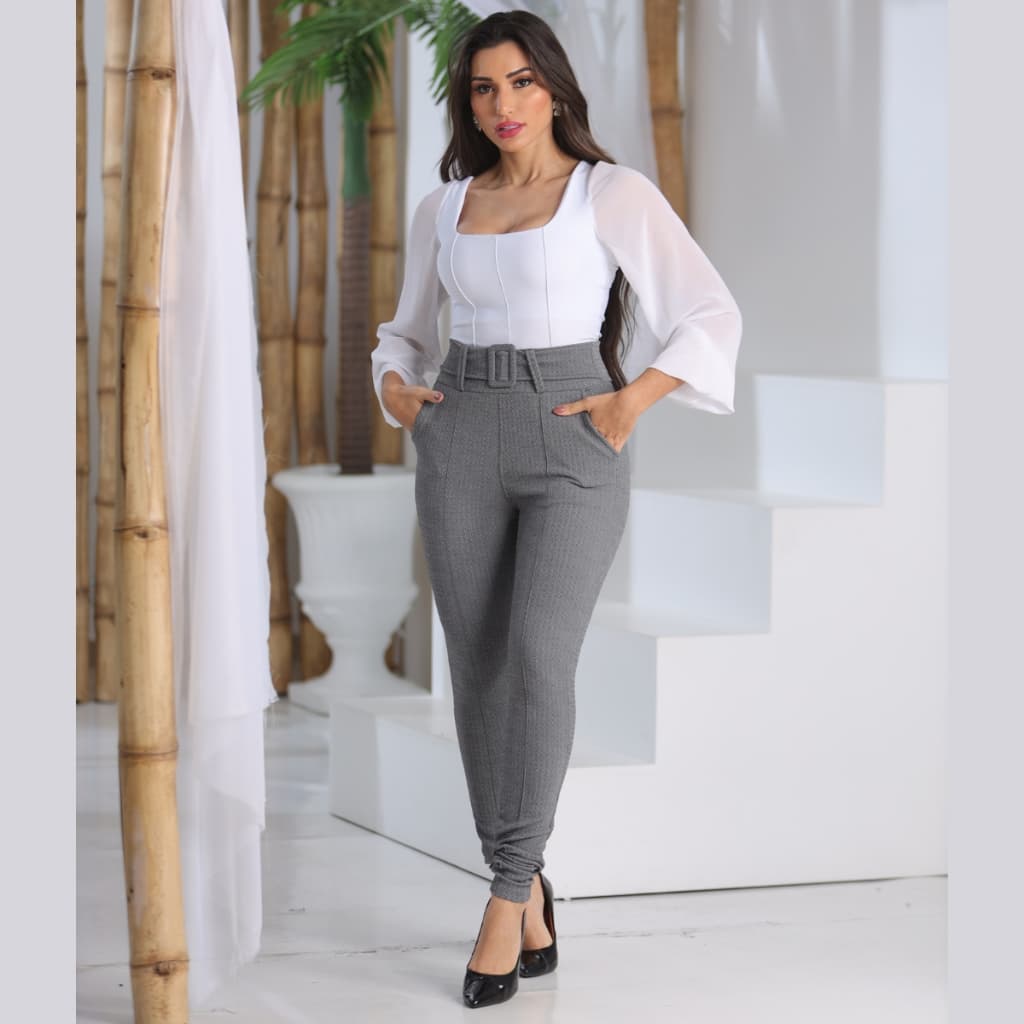 Calça Feminina Crepe Calca Com Cinto Forrado Skinny Cintura Alta Social Bolso