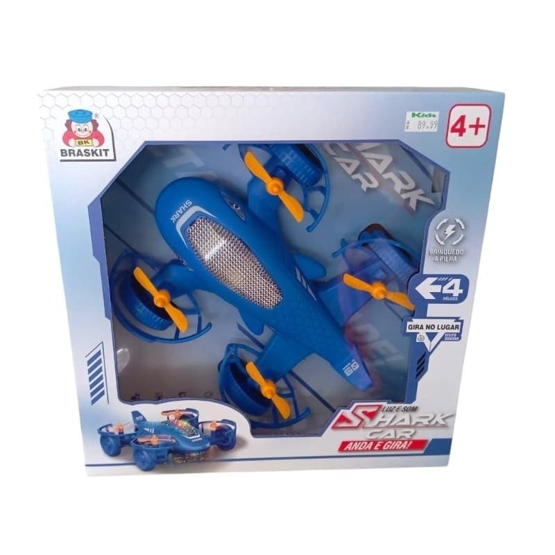 Carro Tubarão com Luzes e som - Shark Car Braskit Gira Emite Luzes - Vermelho E Azul