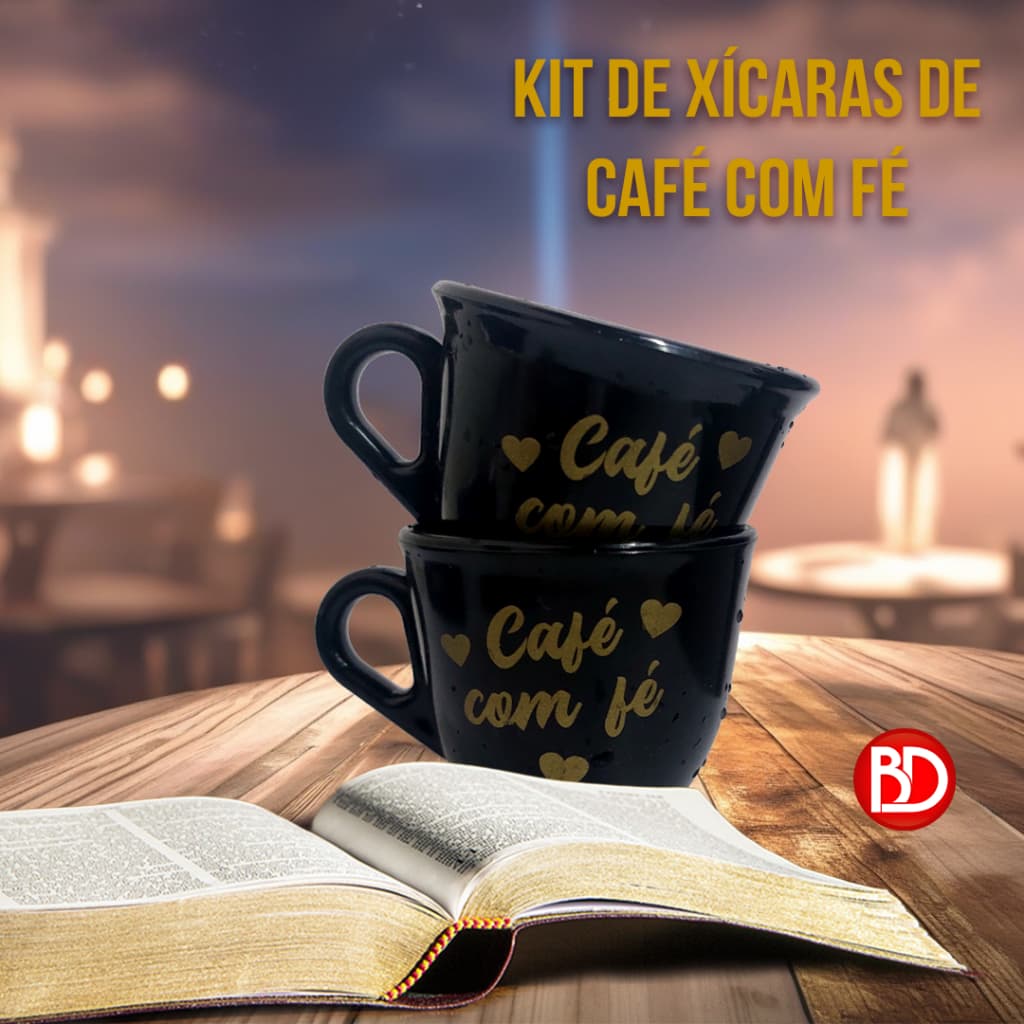 KIT DE XÍCARAS CAFÉ COM FÉ 70 ML ACRÍLICO PRETA LEMBRANCINHA JESUS FÉ IGREJAS CHÁ