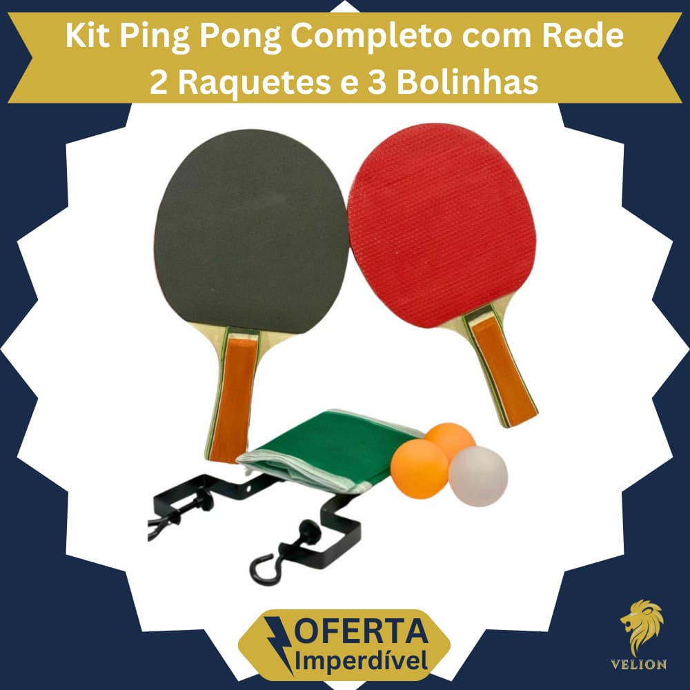 Kit Ping Pong Completo com Rede 2 Raquetes e 3 Bolinhas Tênis de Mesa