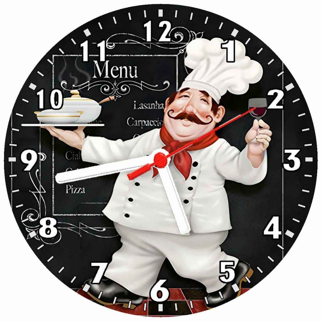 Relógio de parede decoração casa cozinha restaurante cozinheiro vinho - tamanho - 24 cm