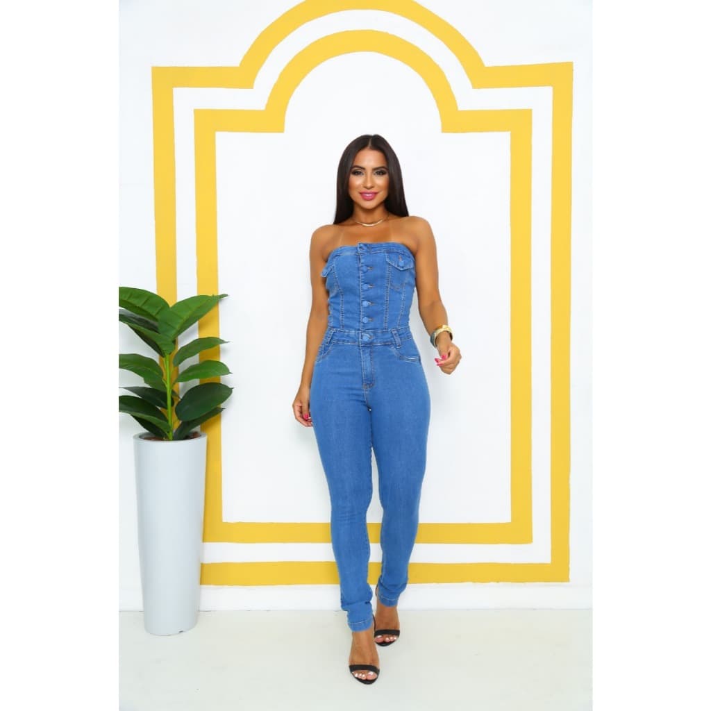 Macacão Jeans Tomara Que Caia Com Lycra