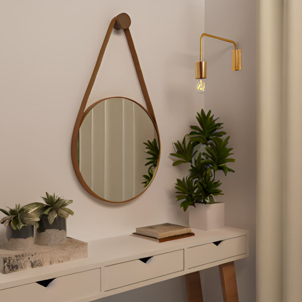 Espelho Redondo Decorativo Adnet 60cm  Com Alça Em Couro Legítimo Sala Quarto Banheiro Com