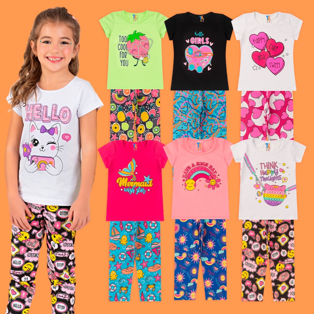 Kit 6 Peças Menina | 3 Camisetas + 3 Legging | Conjunto Infantil e Juvenil Estampado Inverno