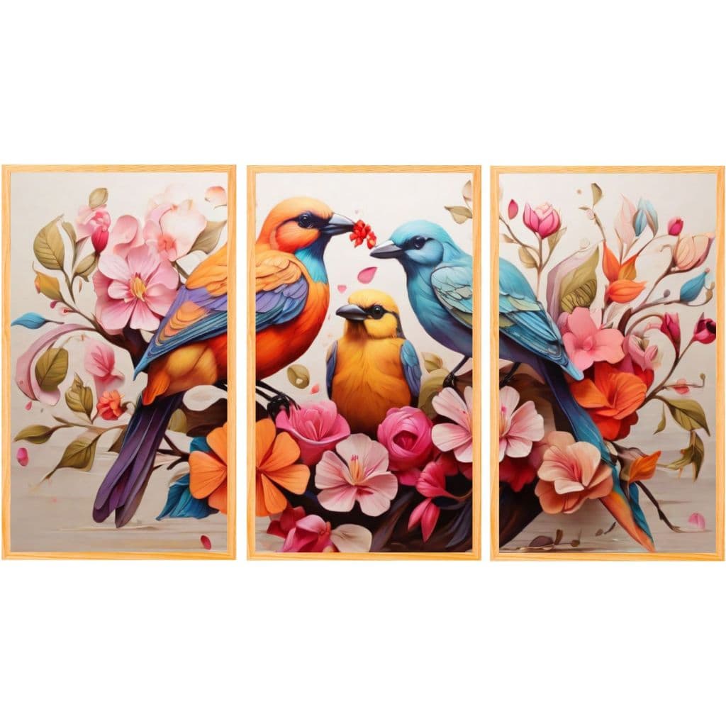 kit de quadros 3 peças pássaros flores coloridas para sala quartos desenhos coloridos