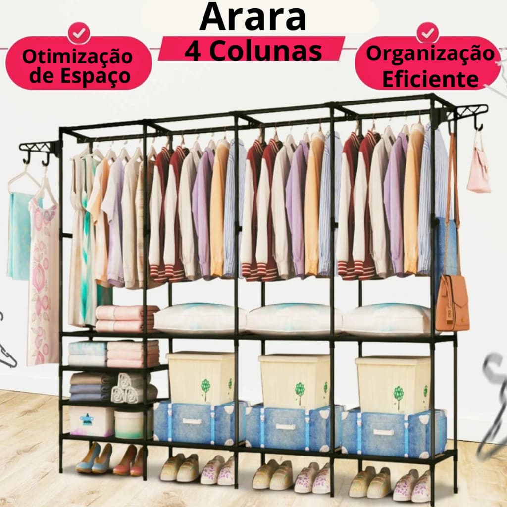 Roupeiro Arara Armário Guarda Roupa Cabideiro Sapateira Organizador Multifuncional Grande 4 Colunas