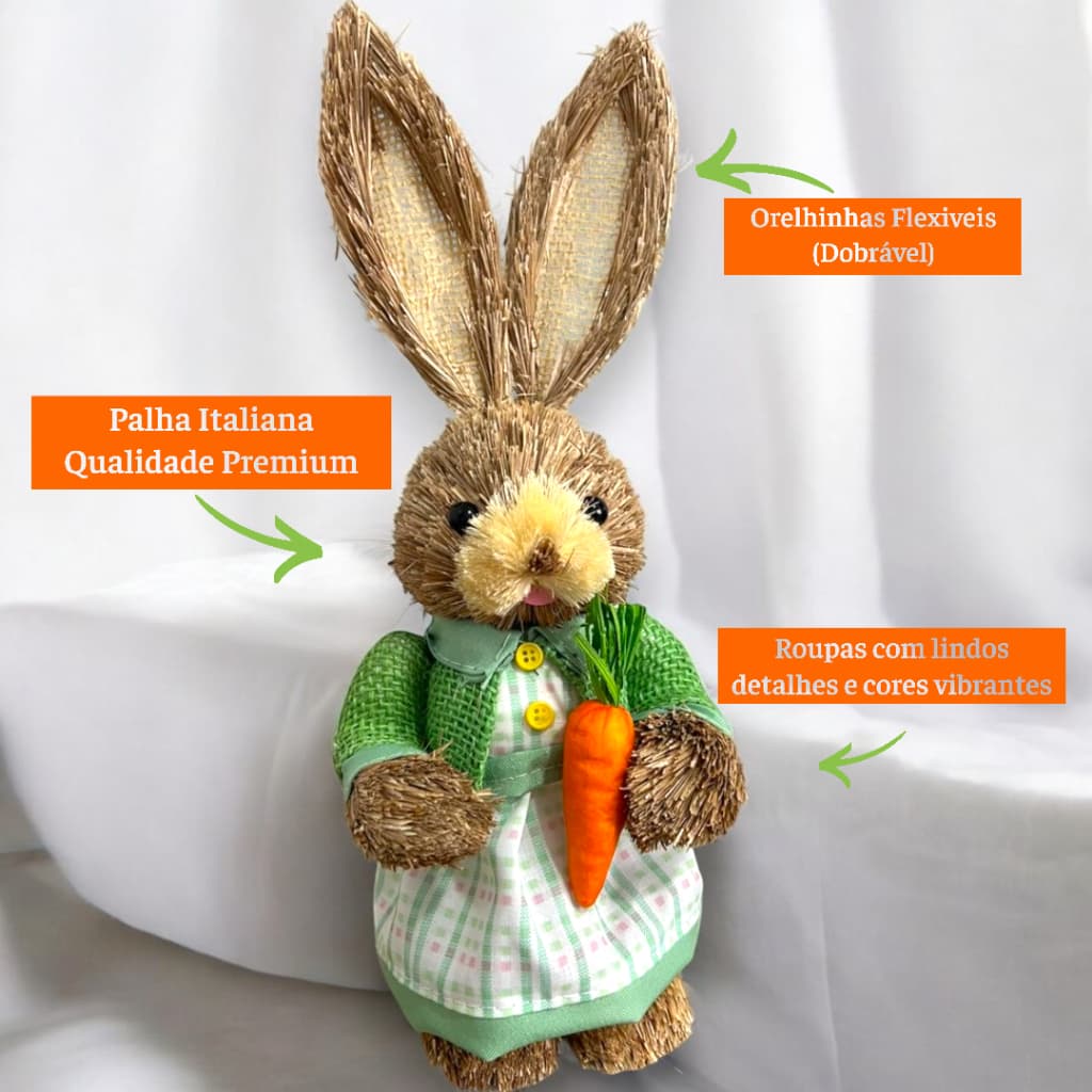 Coelhinha da Pascoa Linda Decoração em Palha Italiana 33cm com Ovinhos Isopor Roupa Verde Vibrante