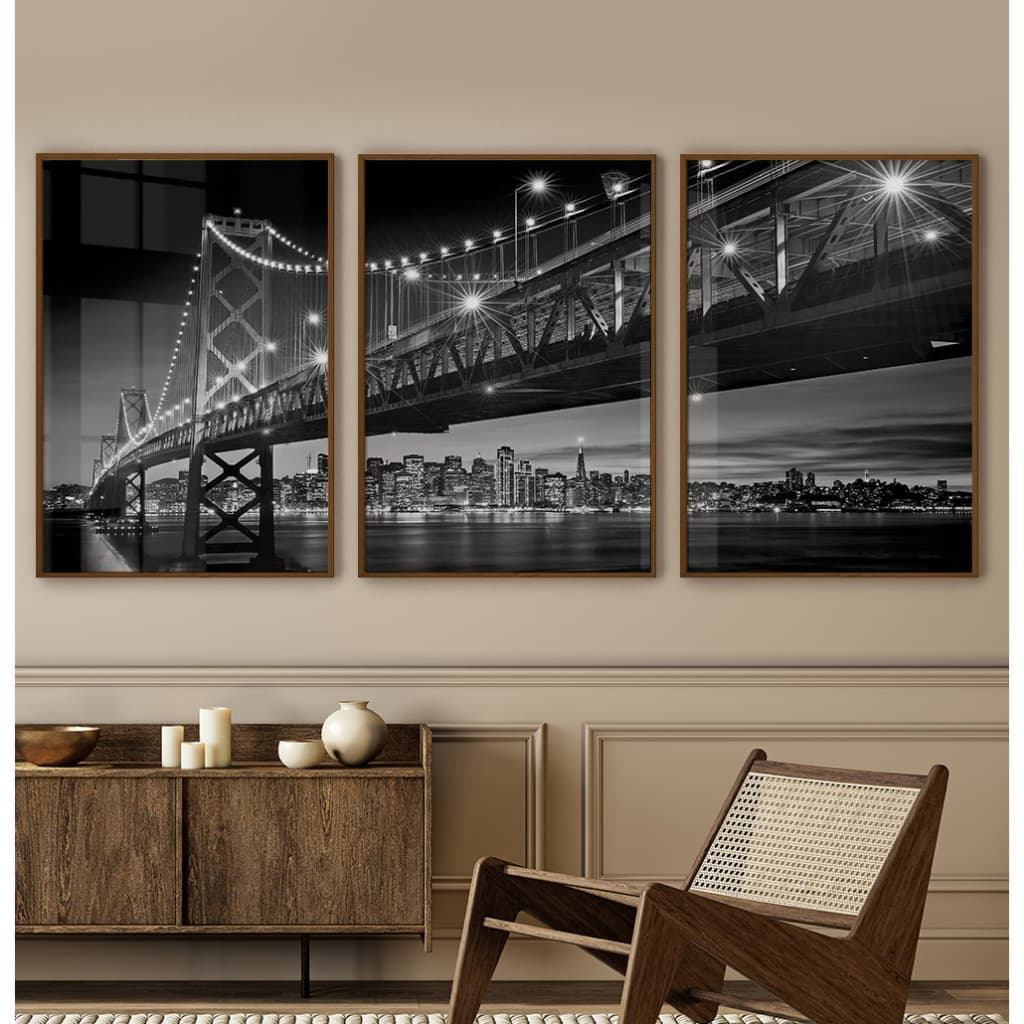 Quadro Preto E Branco Com Moldura Quadro Decorativo Sala Grande Quadro Escritório Bay Bridge Trio