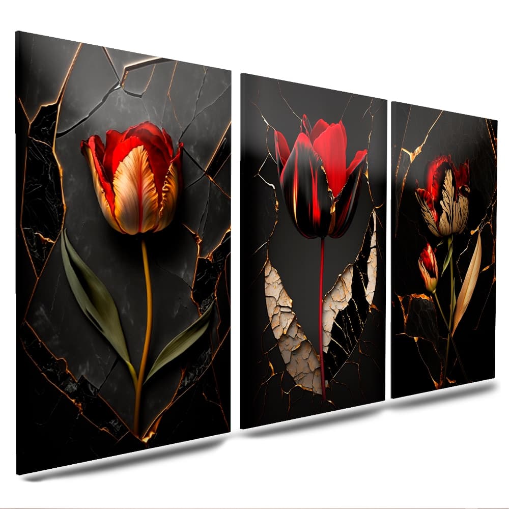 Quadros Decorativo Flor vermelha Abstrata 3 Peças Mosaico Sala Quarto Escritório