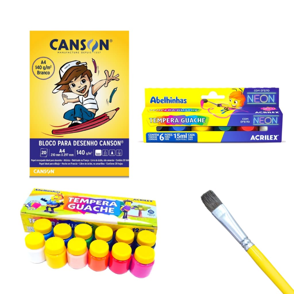 Kit tinta guache acrilex 12 cores + bloco de desenho canson 20 folhas + tinta guache neon 6 cores + pincel