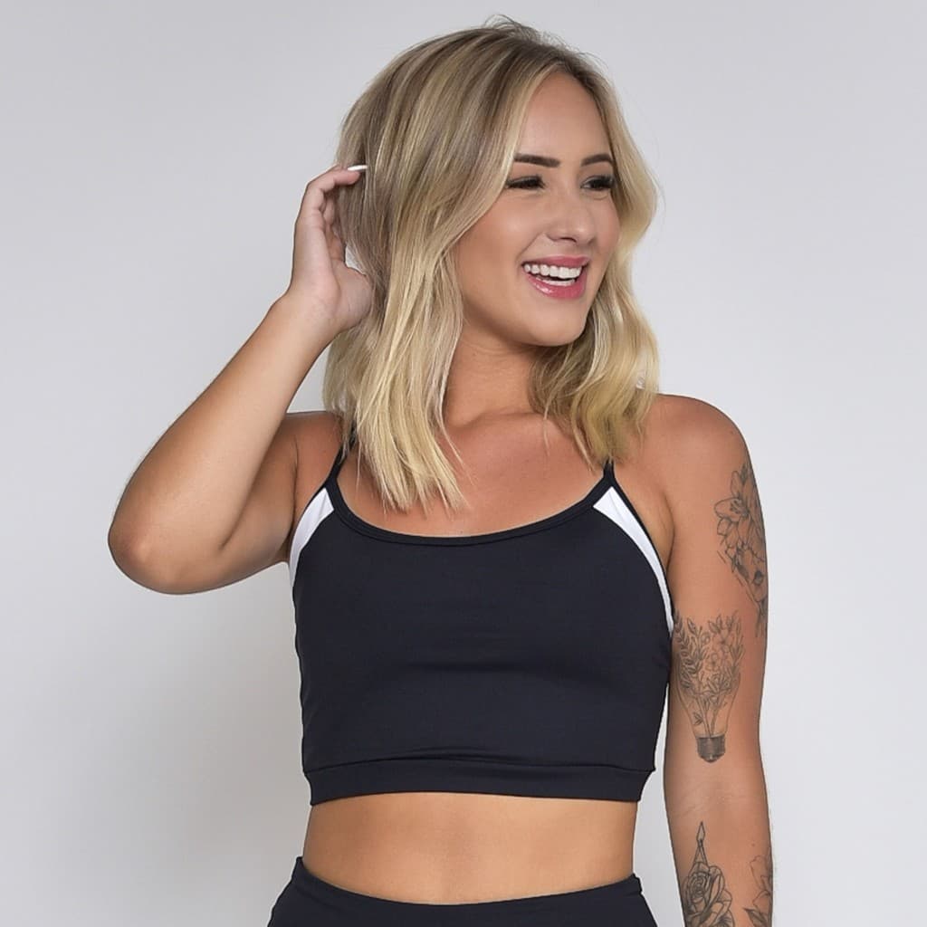 Top Feminino Fitness de Academia Esportes Good Design Preto com Branco Top Treinos FD Modas