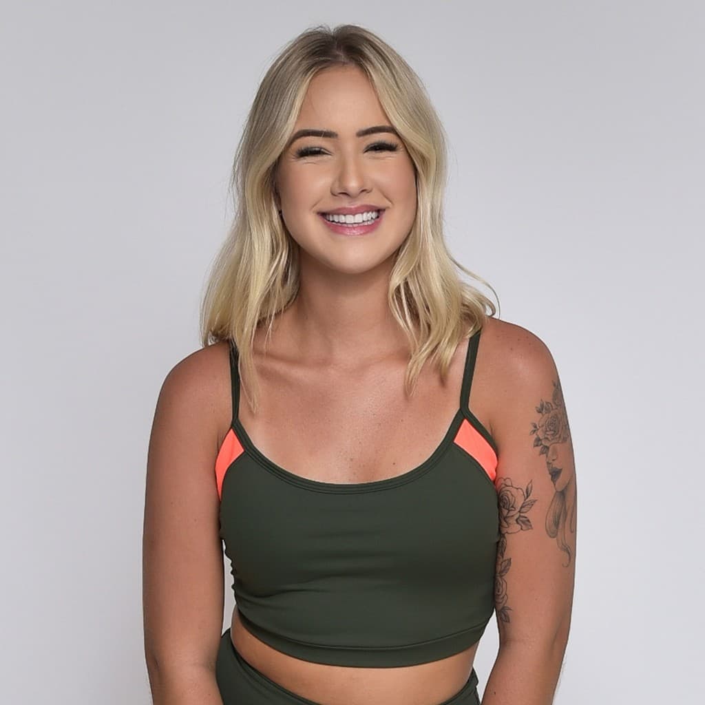 Top Fitness Feminino de Academia Esportes Good Design Verde Militar com Laranja Top Treinos FD Modas