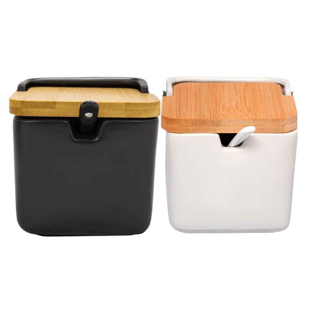 Conjunto De Saleiro E Açucareiro Em Porcelana Com Colher E Tampa Bambu