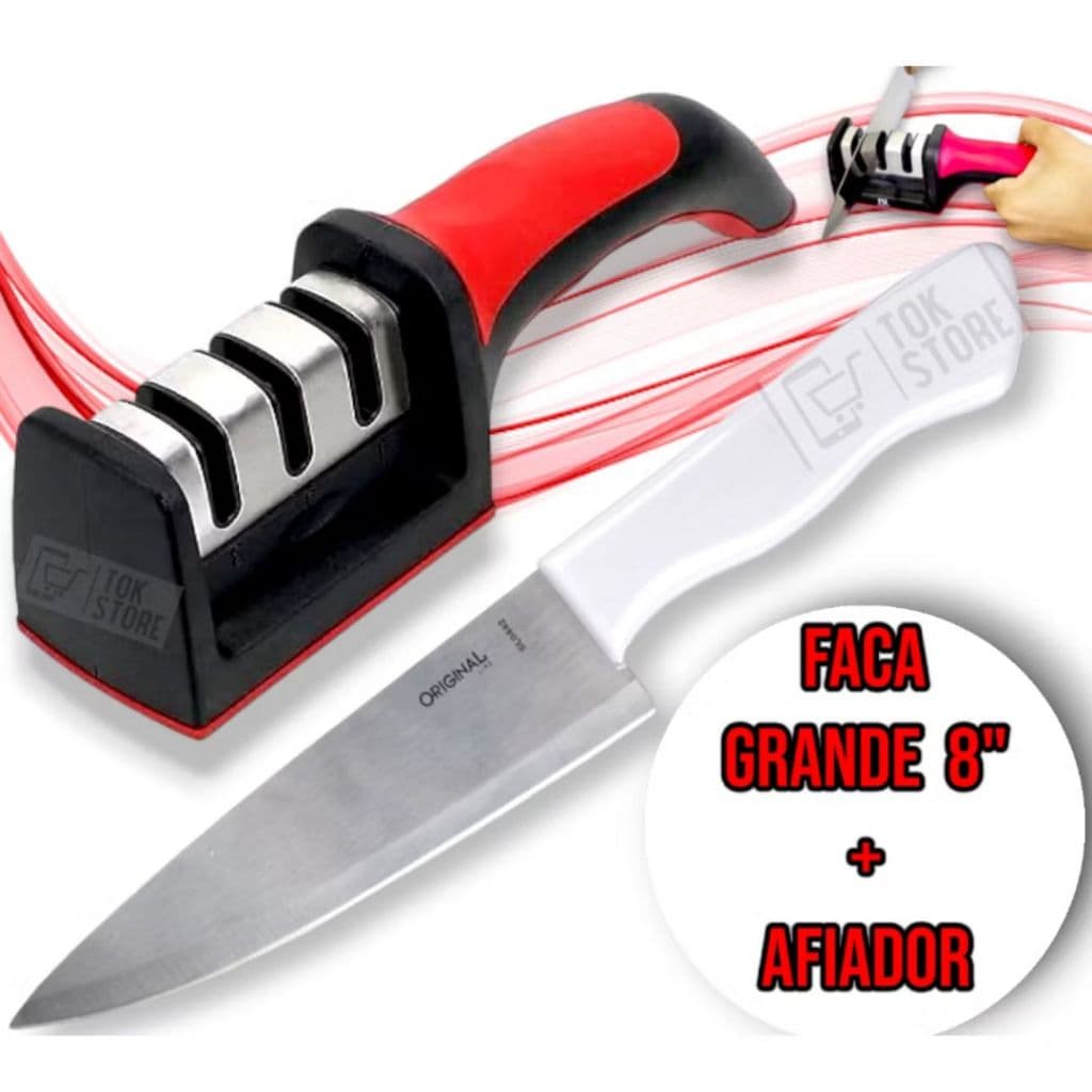 KIT amolador afiador de facas em aço inox + faca de churrasco cozinha