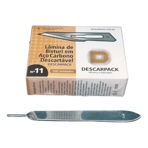 Kit para Podologia 100 Lamina De Bisturi Numero 11 / 15 + Cabo N3 Inox Aço Carbono c/ Anvisa Unhas