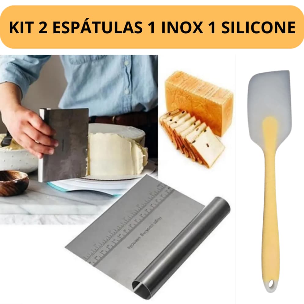 Kit Espátula raspadora de inox para massas bolo cortador de legumes e pizza e uma de silicone