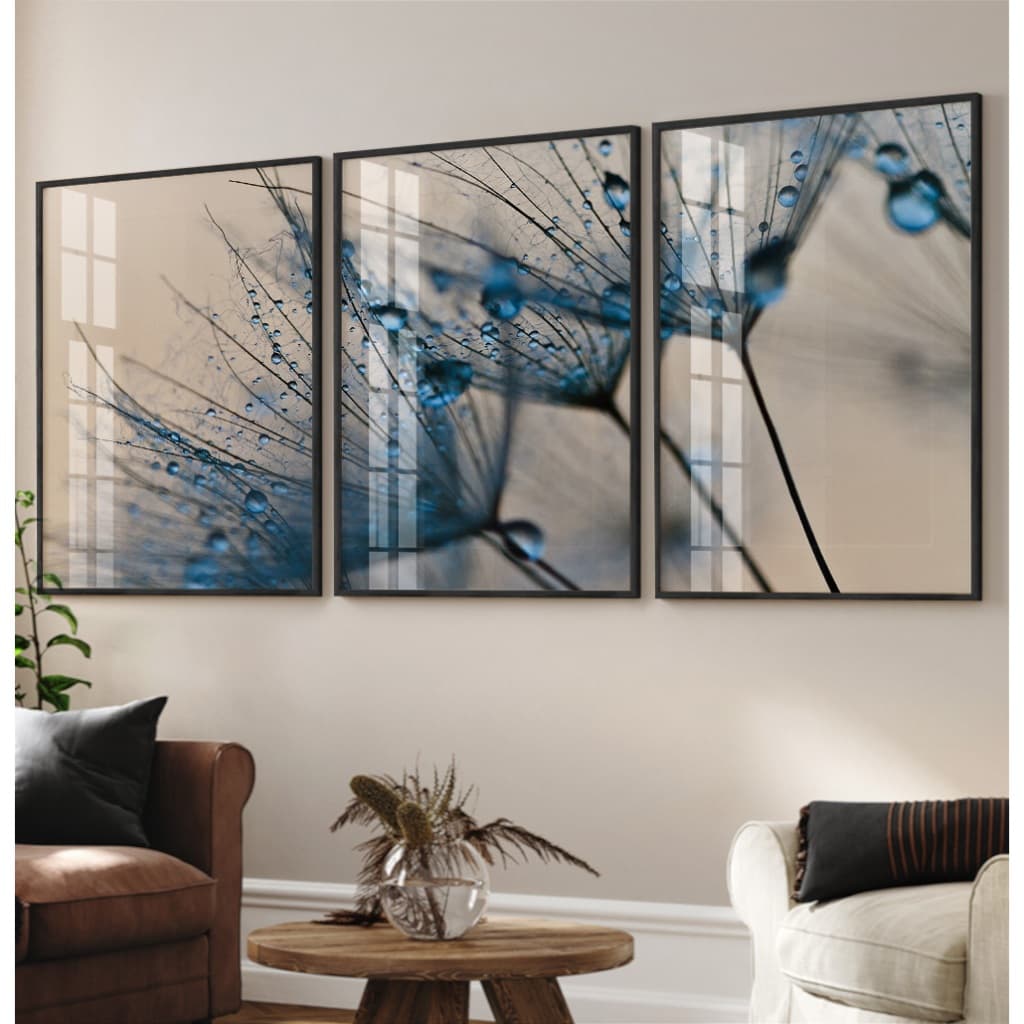 Quadro Dente De Leão Para Sala Trio De Quadros Decorativos Com Moldura Quadro Natureza Orvalho Azul