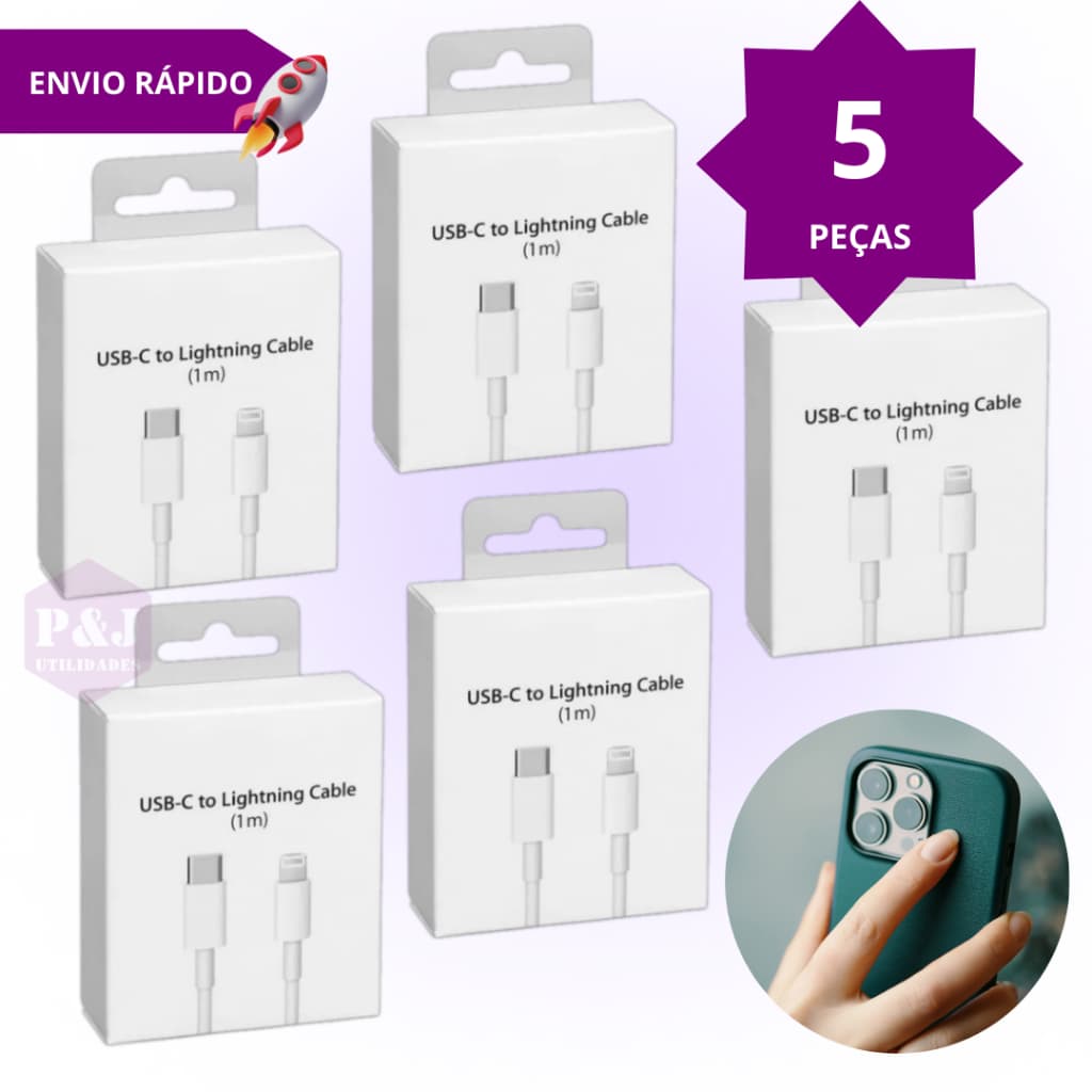 Kit 5 Cabo Lightning Tipo-C para iPhone iPad AirPod Sincronize e Recarregue com Rapidez e Segurança