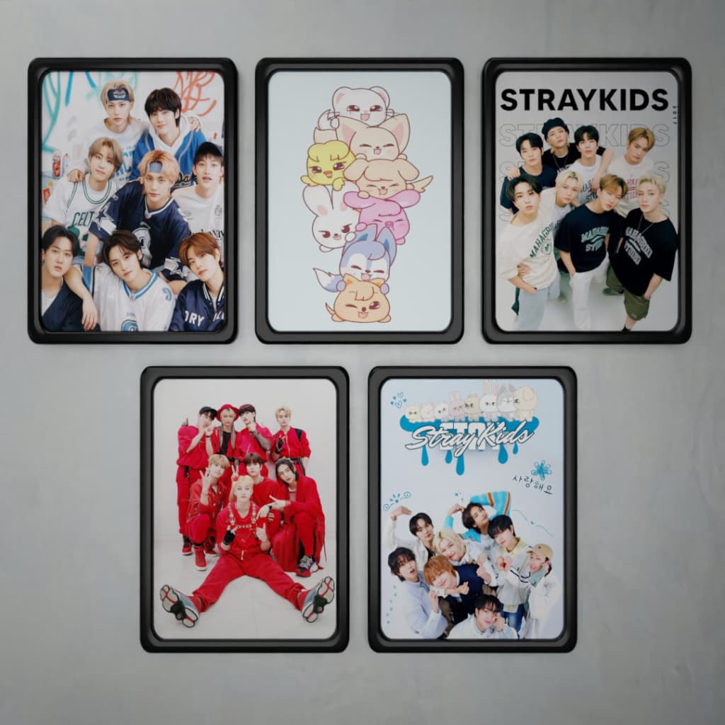 Kit de 5 Quadros Decorativos com Moldura Tamanho 30x20cm - Tema Stray Kids Kpop