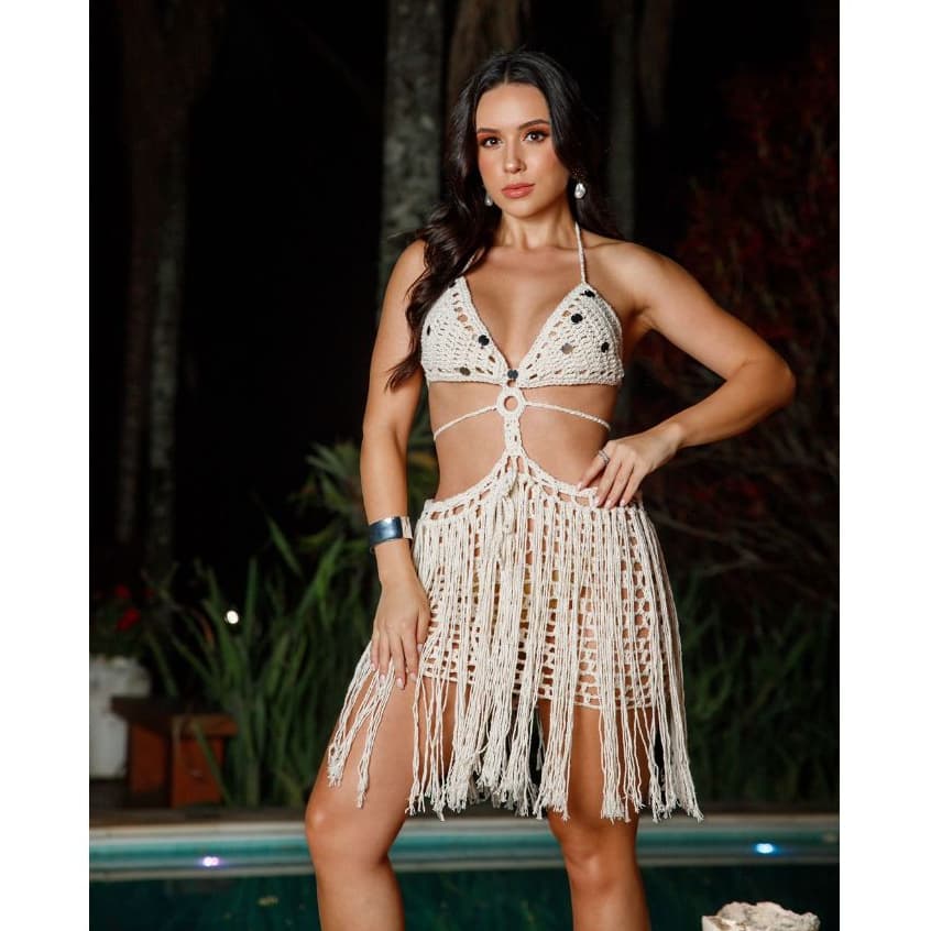 Vestido em Crochê - Saída de Praia Artesanal -  Modelo com Paetê -  Vestido Elisa