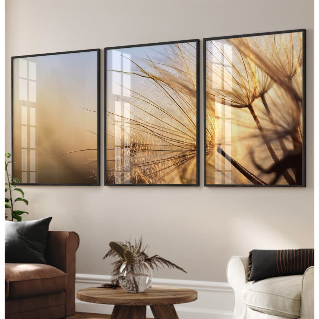 Quadro Dente De Leão Com Moldura Kit 3 Quadros Decorativos Para Sala Quadro Pôr Do Sol Amarelo Ouro