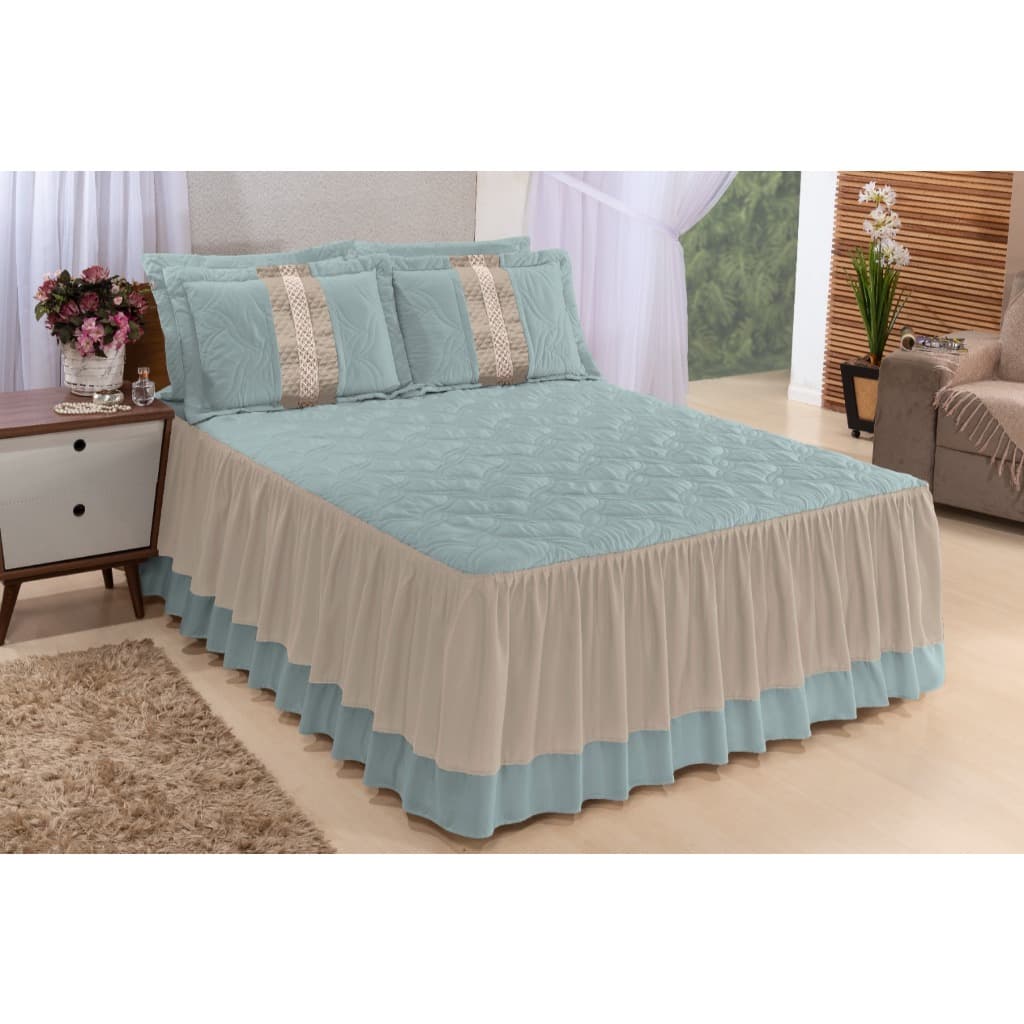 Kit Colcha Moderna Betina Queen Size 03 Peças Jodo de Cama Box - Azul turquesa  Babado Cobre Leito