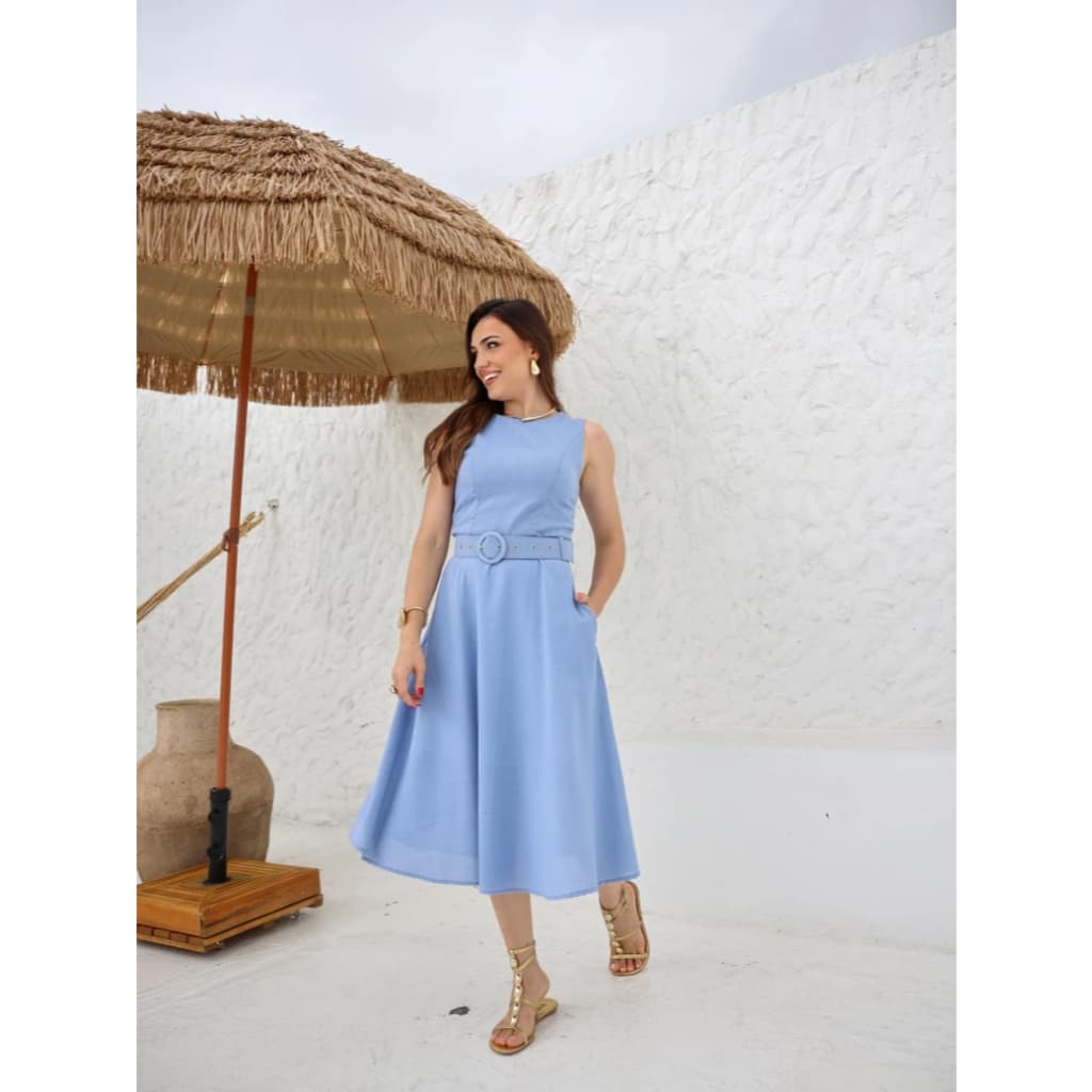 Vestido Feminino Midi com Cinto em Linho Vestido Elegante Princesa