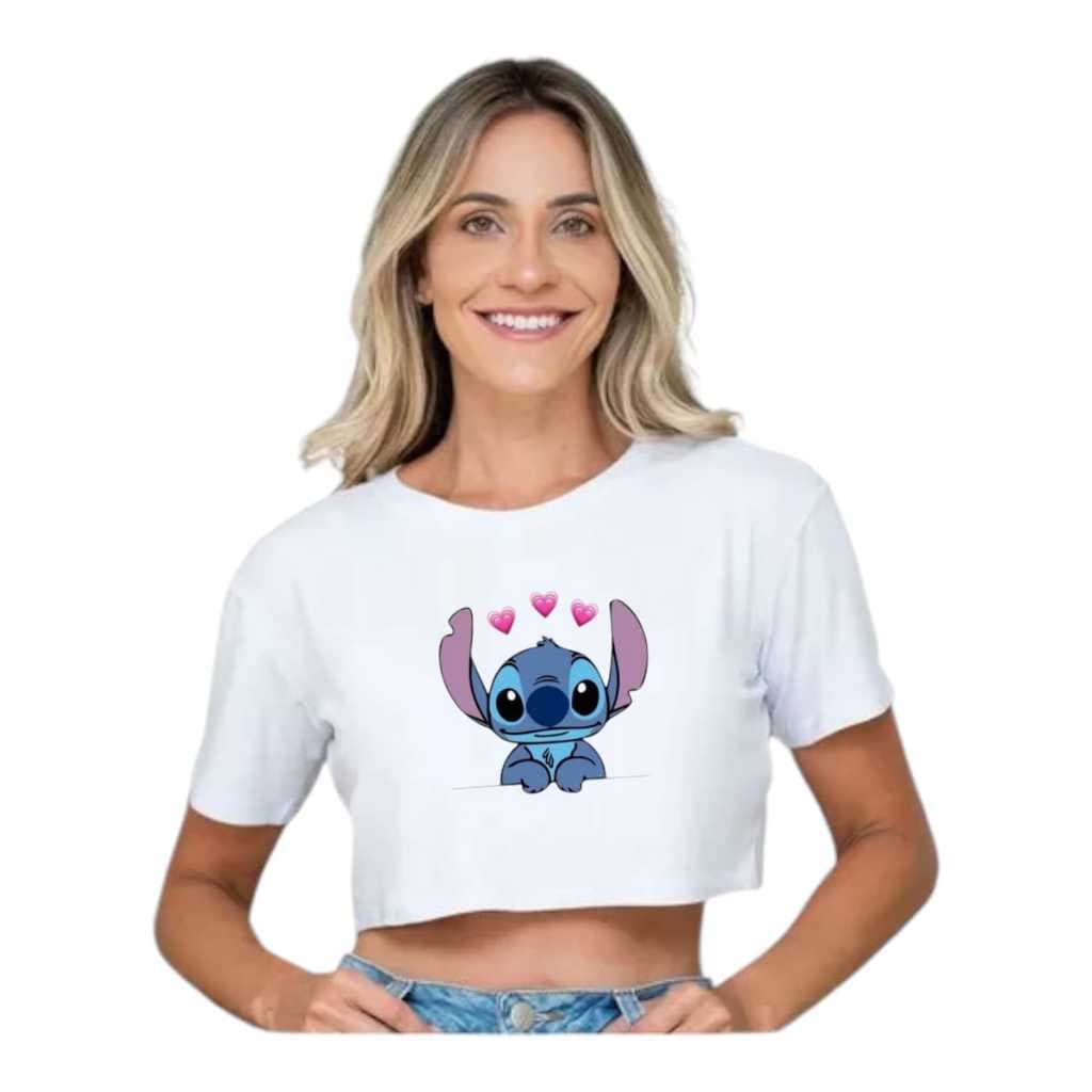 Blusa Croped Feminina Stich Camiseta Curta em Malha de algodao Leve