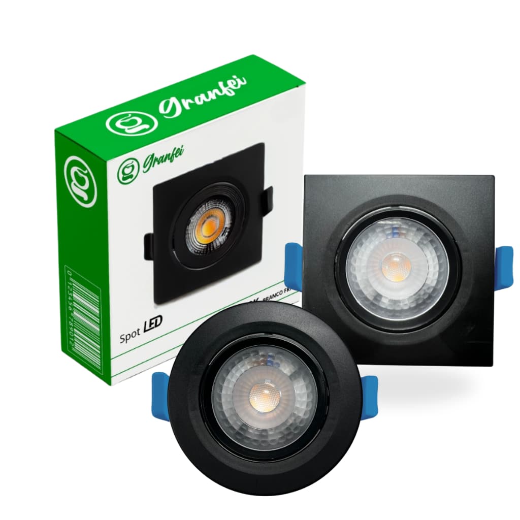 Kit 10 Luminária Led Spot 5W Preto Redondo Quadrado Embutido Branco Frio Quente 3000k 6500k Bivolt