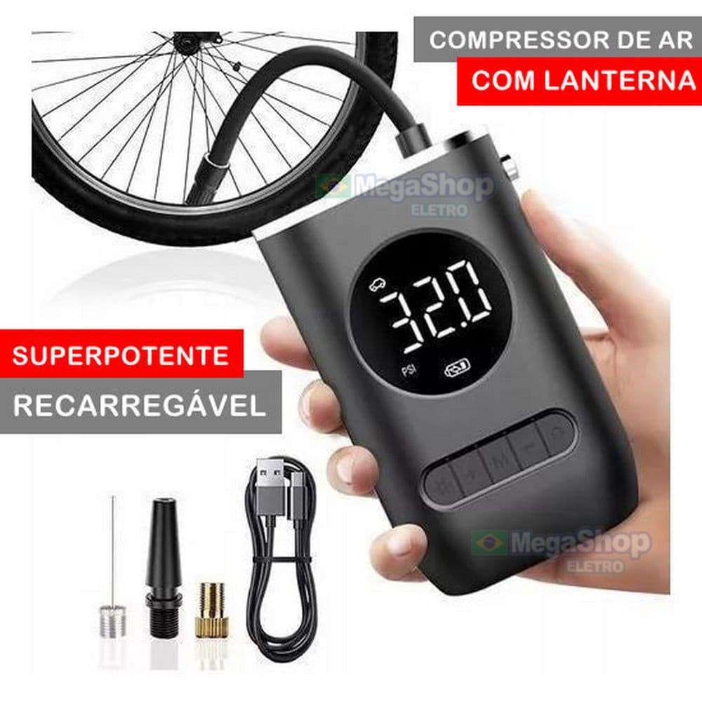 Bomba De Pneu Compressor De Ar Portátil Digital Recarregável com Lanterna Para Pneus Bolas Bexigas Boias