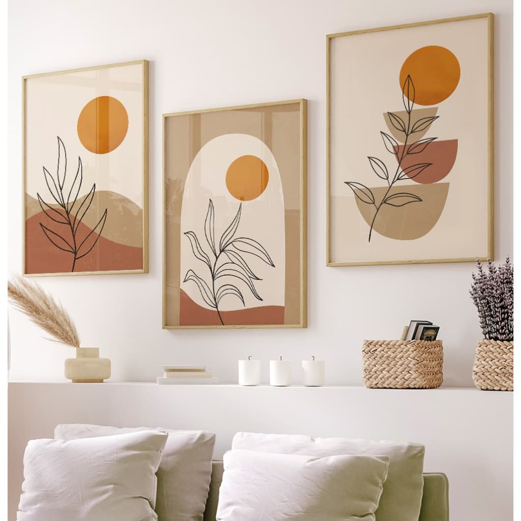 Quadro Boho Quadro Com Moldura E Vidro Quadro Decorativo Sala Quadro Quarto Casal Sol E Formas Trio